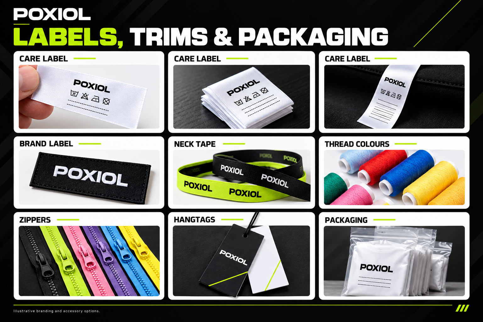 Labels, Trims & Packaging — illustrative club kit configuration